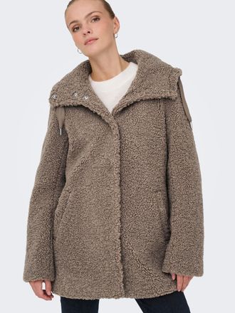 Only Kurzmantel ONLY ONLMINA CURLY TEDDY COAT OTW, Damen, Gr. L, mountain trail, Pl&uuml;sch, Obermaterial: 100% Polyester, unifarben, regular fit, M&auml;ntel Kurzm
