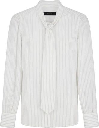 Gucci Zijden blouse met strik - Dames - Blouses - Wit - M - Katoen - Overhemden