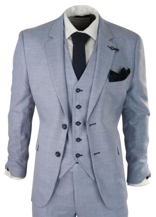 Infinity Leather Mens 3 Piece Linen Suit Light Blue Summer Tailored Fit Wedding Prom Classic - Size 46 (Chest)