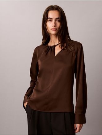 Calvin Klein Womens Satin Asymmetrical Long Sleeve Top - Brown - XS