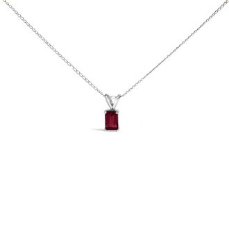 House of Brilliance 14K White Gold 6x4MM Emerald Cut Red Ruby Solitaire Pendant Necklace