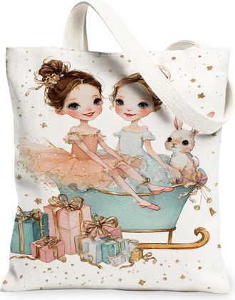 Generic Christmas Cute Vintage Canvas Tote Bags, Adorable Gifts Design Reusable Grocery Bags, Winter Lightweight Washable Shoulder, White, 13x15 Inch