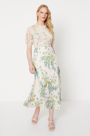 Oasis Womens Occasion Floral Lace Bodice Pleated Midi Dress - Ivory - Size 18 UK