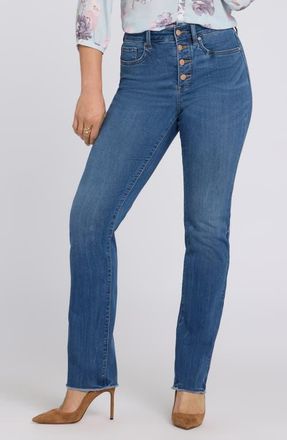 NYDJ Marilyn High Waist Button Fly Raw Hem Straight Leg Jeans in Wild River at Nordstrom, Size 18P