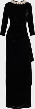 Teri Jon Draped Rhinestone-Collar Velvet Column Gown