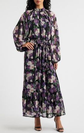 En Saison Jasmine Floral Tie Waist Maxi Dress in Black Purple Maue at Nordstrom Rack, Size X-Small