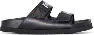 Palm Angels Schoenen, Dames, Zwart, 37 EU, Leer, Zwarte Leren Dubbele Riem Sandalen