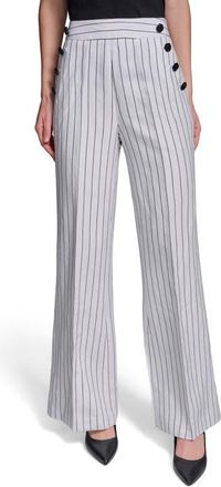 Karl Lagerfeld Stripe Linen Blend Sailor Pants in Soft White/Black at Nordstrom, Size 12
