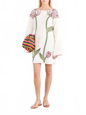 Farm Rio Flower Long Sleeve Mini Dress In Off-White