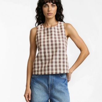 La Redoute Collections Mouwloze top met ruitjesprint in katoen en linnen