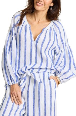 Tommy Bahama Coastalina Balloon Sleeve Stripe Linen Top in Cobalt Haze at Nordstrom, Size Small
