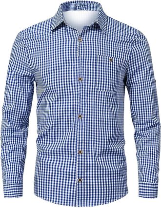 Generic Mens Plaid Button Down Shirt - Cotton Long Sleeve, Regular Fit, Wrinkle-Free Fabric, Gingham Pattern, Dual-Use for Business & Casual Days Blue