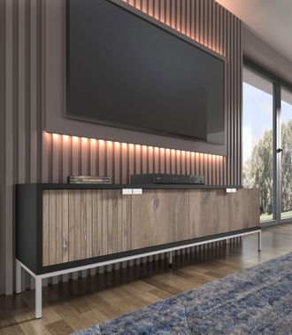 AC-D&eacute;co Mueble De Tv Toledo 190 Cm 4d Roble Flagstaff / Negro Mate + Marco Plateado