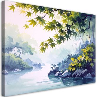 Feeby Cuadro Sobre Lienzo Paisaje Japon&eacute;s Hojas De Arce Naturaleza Verde 100x70