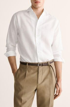 Mango Regular Fit Solid Slub Linen Blend Button-Up Shirt in White at Nordstrom, Size X-Large