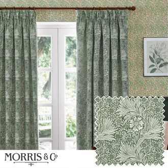 Morris & Co. Marigold Jacquard Floral Room Darkening Pencil Pleat Curtains in Green | Size: 168 cm width x 229 cm drop