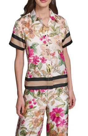 Karl Lagerfeld Floral Short Sleeve Button-Up Shirt in Bisque/Light Blush Combo at Nordstrom, Size X-Large