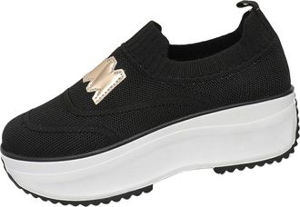 Generic Womens Slip On Shoes Mesh Breathable Walking Shoe Stylish Solid Color Thick Sole Comfortable Casual Wedge Shoes Outdoor Leisure Black