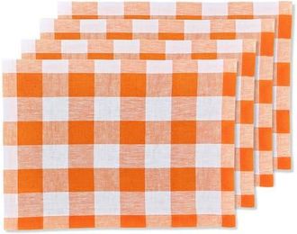 Solino Home Linen Placemats Set of 4, 14 x 19 Inch for Dining Table, Holiday and Everyday Table Decor - Buffalo Check in Pumpkin And White at