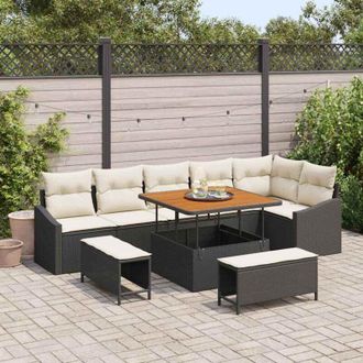vidaXL Conjunto De Sof&aacute; De Jard&iacute;n Con Coj&iacute;n 9 Pcs Negro Polirat&aacute;n Vidaxl