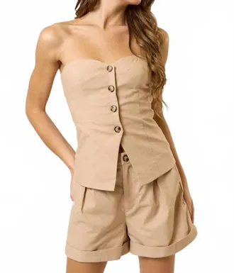 Blue Blush Button Down Tube Top & Roll Up Shorts Set In Taupe