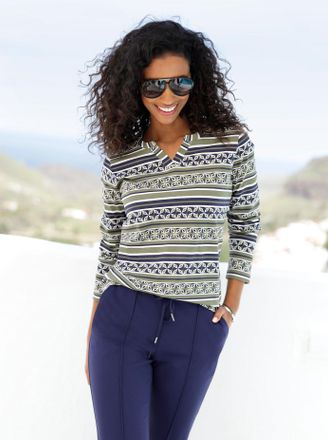 Heine Langarmshirt HEINE Druck-Shirt, Damen, Gr. 34, bunt (khaki, marine, bedruckt), 100% Baumwolle, bedruckt, gemustert, gestreift, mehrfarbig, Rundhals, S