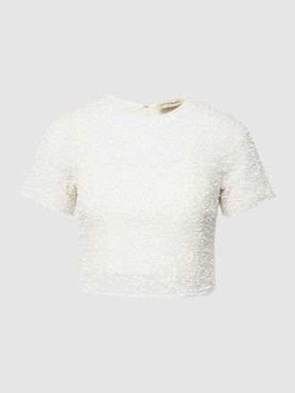 Lace & Beads Cropped T-Shirt mit Strasssteinbesatz in Offwhite, Gr&ouml;&szlig;e XS