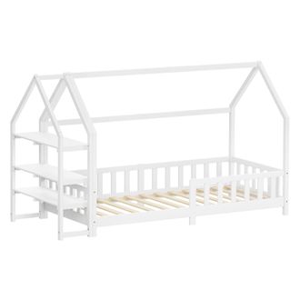 ML Design Ml-design Cama Infantil 90x200 Cm Blanco, Con Protecci&oacute;n Antica&iacute;da, Estante, Techo Y Somier, Estructura De Madera Maciza De Pino, Lecho De Suelo Monte