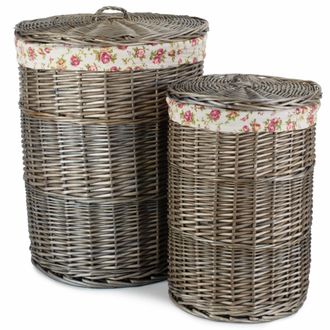 Red Hamper Set of 2 Cotton Lined Wicker Antique Wash Round Laundry Baskets in Grey