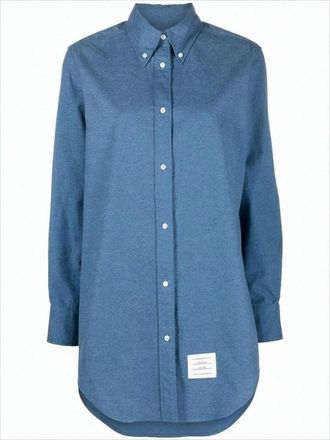 Thom Browne Button-Up Shirt In Textured Blue Cotton