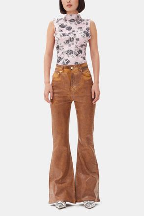 Ganni Brown Foil Flared Jeans - Size 24 Organic Cotton