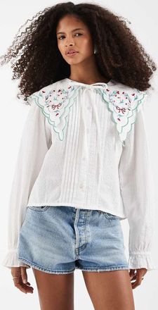Neon Rose Blusa a maniche lunghe con colletto e bottoni bianca a fiori-Bianco