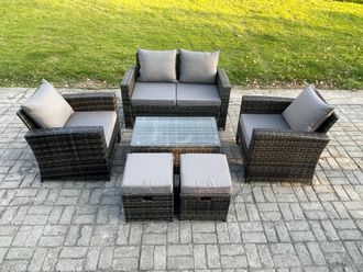 Fimous 6 Seater Outdoor Lounge Sofa Set Wicker PE Rattan Garden Furniture Set with Rectangular Coffee Table Double Seat Sofa in Dark Grey