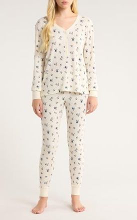 Nordstrom Cotton Blend Waffle Thermal Pajamas in Ivory- Blue Rose Ditsy at Nordstrom Rack, Size X-Large