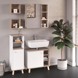 Vicco Conjunto De Muebles De Ba&ntilde;o Senyo, Blanco, 4 Partes, Con Armario Midi