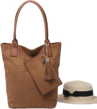 Generic Suede Tote Bag with Tassel, Shoulder Handbag with Pouch, Available in Black, Coffee, Camel, Dark Green (Camel)