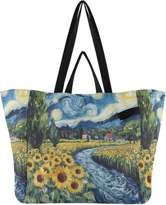 Generic Sunflower River Night Blue print Reusable Canvas Tote Bag, Heavy Duty Grocery Shopping Bag with Large Capacity Hard Bottom Double Handles Work Groceri
