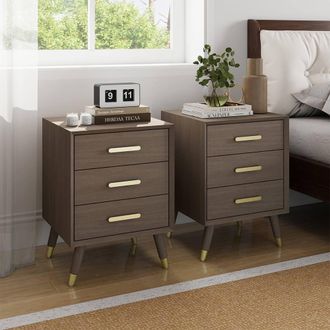 Melody Maison Pair Of 3 Drawer Bedside Tables - Oslo Dark Wood Range in Brown
