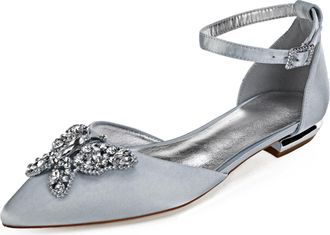 Generic Women Satin Wedding Flats Shoes Pointed Toe Prom Evening Bridal Party Dress Flats 2Cm,Silver,10 UK