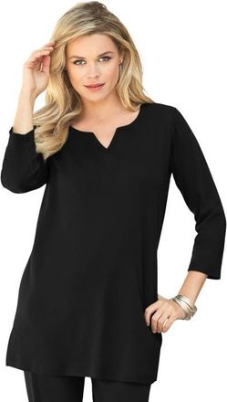 Roaman's Plus Size Three Quarter Sleeve Notch Neck Soft Knit Tunic in Black at Nordstrom, Size 16