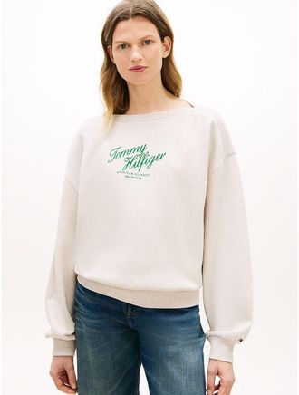 Tommy Hilfiger Womens Script Logo Boatneck Sweatshirt - Beige - XL