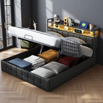 OEM Cama Lit - 140 X 190 Cm - Tejido Pu Negro - Led Rgb Y Puertos Usb/type-c - Sistema Hidr&aacute;ulico, Somier De Lamas