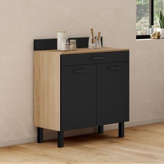 IDMarket Cassettiera bassa cina 80 cm, piano di lavoro H.83 cm, 2 ante + cassetto, finitura faggio e nero