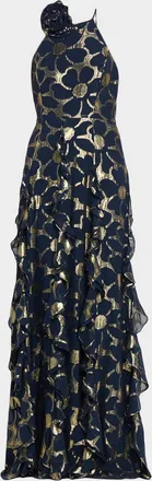 Ramy Brook Idella Ruffle-Trim Metallic Floral Halter Gown