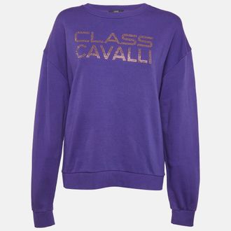 Roberto Cavalli Purple Logo Studded Cotton Sweatshirt