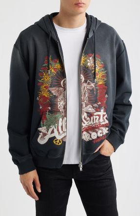 AllSaints Roque International Rock Festival Cotton Zip Hoodie in Washed Black at Nordstrom, Size Xx-Large