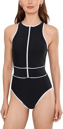 BECCA by Rebecca Virtue Sport Mode Shannon High Neck Zip One-Piece Womens Swimsuits One Piece Black : MD, Nylon/Spandex