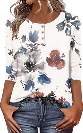 Generic 3/4 Sleeve Tops for Women Vintage Crew Neck Button Blouses Dressy Casual Shirts Ladies Henley Shirts Tunic Tops Fall Lightweight Business Casual Blous