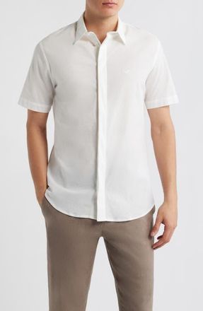 Emporio Armani Textured Stripe Short Sleeve Knit Cotton Button-Up Shirt in Solid White at Nordstrom, Size Xx-Large
