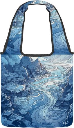 Generic Blue White Quicksand Pattern Reversible Canvas Shoulder Tote - Double-Sided Print, 12oz Cotton, 27cm Drop, Fold-Flat Bag for Travel, Shopping, Street 